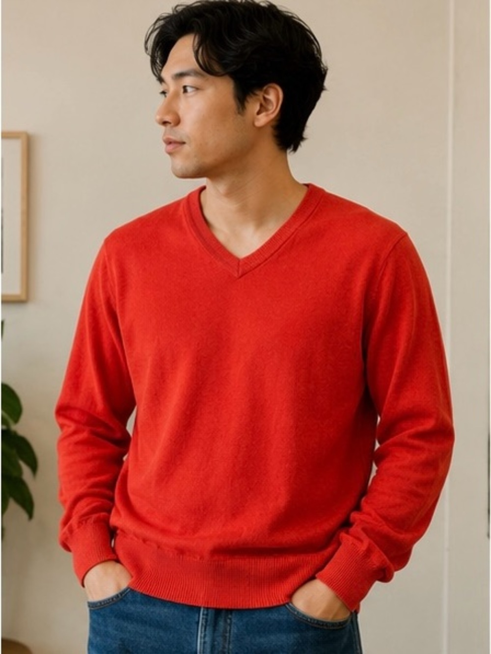 GAP Red V-Neck Sweater Men’s Medium Lightweight Cotton Knit
